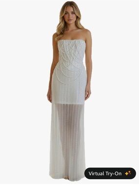 NWT Strapless White Pearl-Draped Sheer Maxi Dress